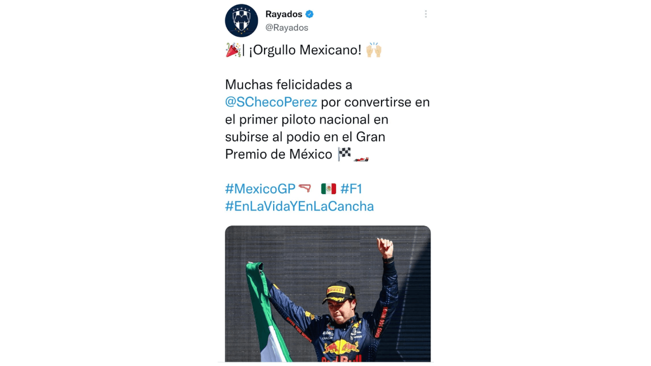 Las redes sociales se inundan de felicitaciones por el tercer lugar obtenido por el piloto mexicano Sergio Pérez, durante el Gran Premio de México de la Formula 1.