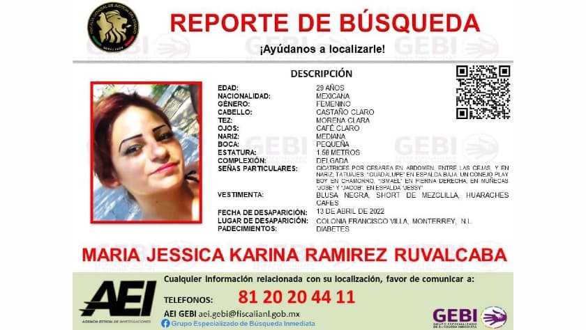 <b>María Jessica Karina Ramírez Ruvalcaba</b>, de 29 años de edad, quien desapareció el 13 de abril pasado, fue hallada sin vida envuelta en un cobertor en un terreno baldío de la colonia Francisco Villa, en el norte de Monterrey, el mismo lugar donde fue vista por última vez.