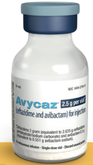 <b>Nombre:</b> Avycaz (ceftazidima y avibactam), 2 gramos / 0.5 gramos.
<b>Categoría terapéutica:</b> antiinfeccioso.
<b>Vía de administración:</b> inyección.
<b>Primera escasez reportada:</b> 26 de febrero de 2020. Avycaz es un antibiótico utilizado para tratar infecciones del estómago, la vejiga o los riñones en adultos y niños de hasta 3 meses de edad. También se usa para tratar la neumonía en adultos después de una hospitalización.