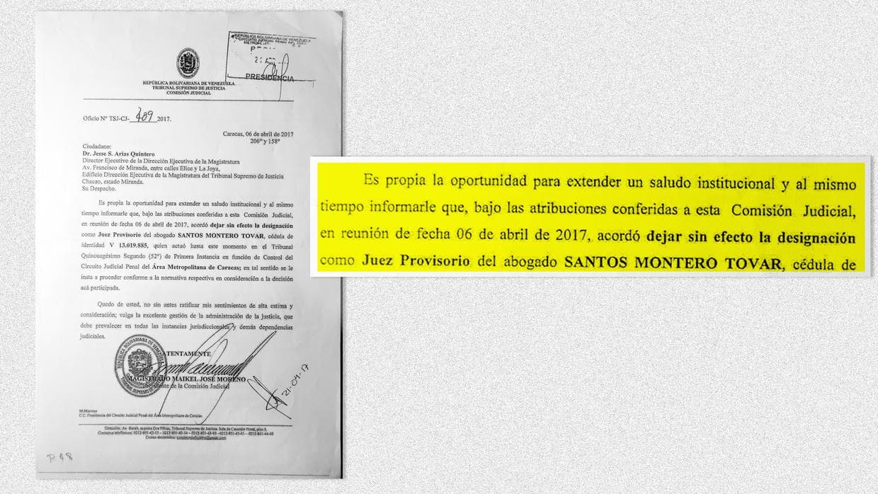 A court docuemnt records the firing of Judge Santos Montero, the husband of Univision report Elyangélica González, April 6, 2017.