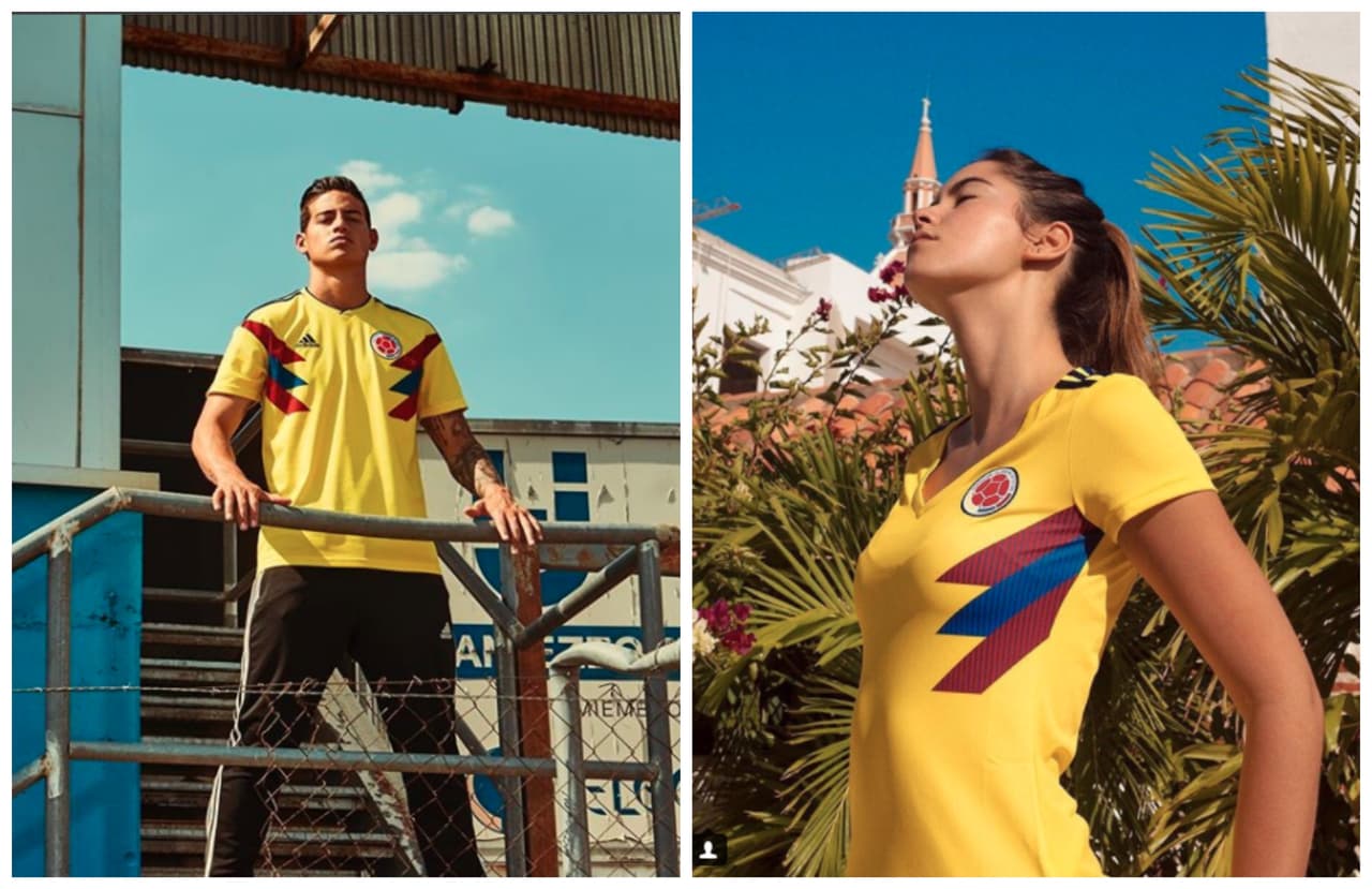A la izquierda el jugador de la selección Colombia James Rodríguez con la nueva camiseta. A la derecha, la reina y modelo Paulina Vega.
