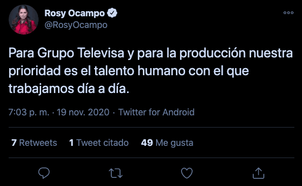 "Para Grupo Televisa y para la producción nuestra prioridad es el talento humano con el que trabajamos día a día", escribió en la serie de mensajes que publicó.