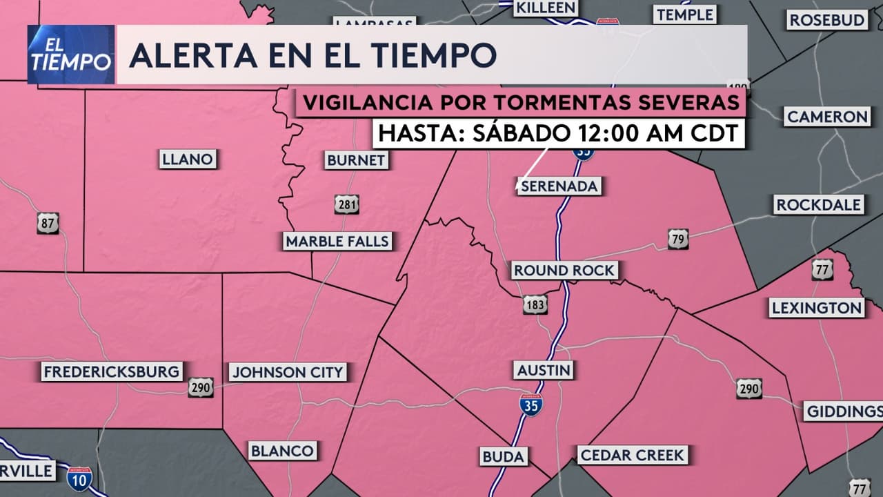 ⚠️ Tenemos una
<b>advertencia por tormentas severas </b>para los
<b>condados Llano, Burnet</b>
<b>y Williamson hasta las 12:00 a.m. del sábado. </b>