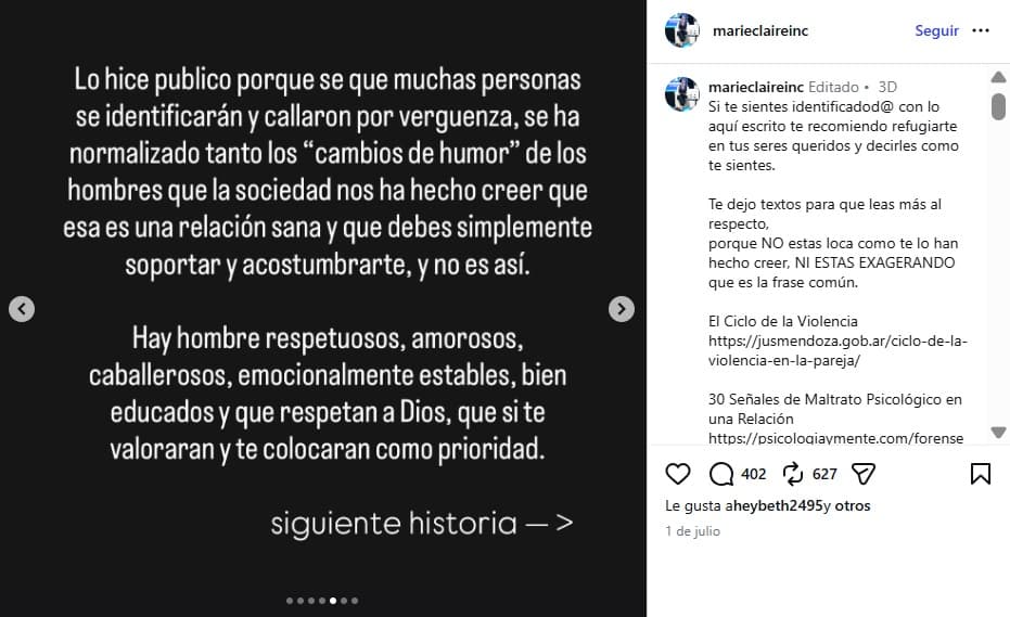 Marie Claire González publicó un mensaje sobre el abuso y la violencia psicológica.