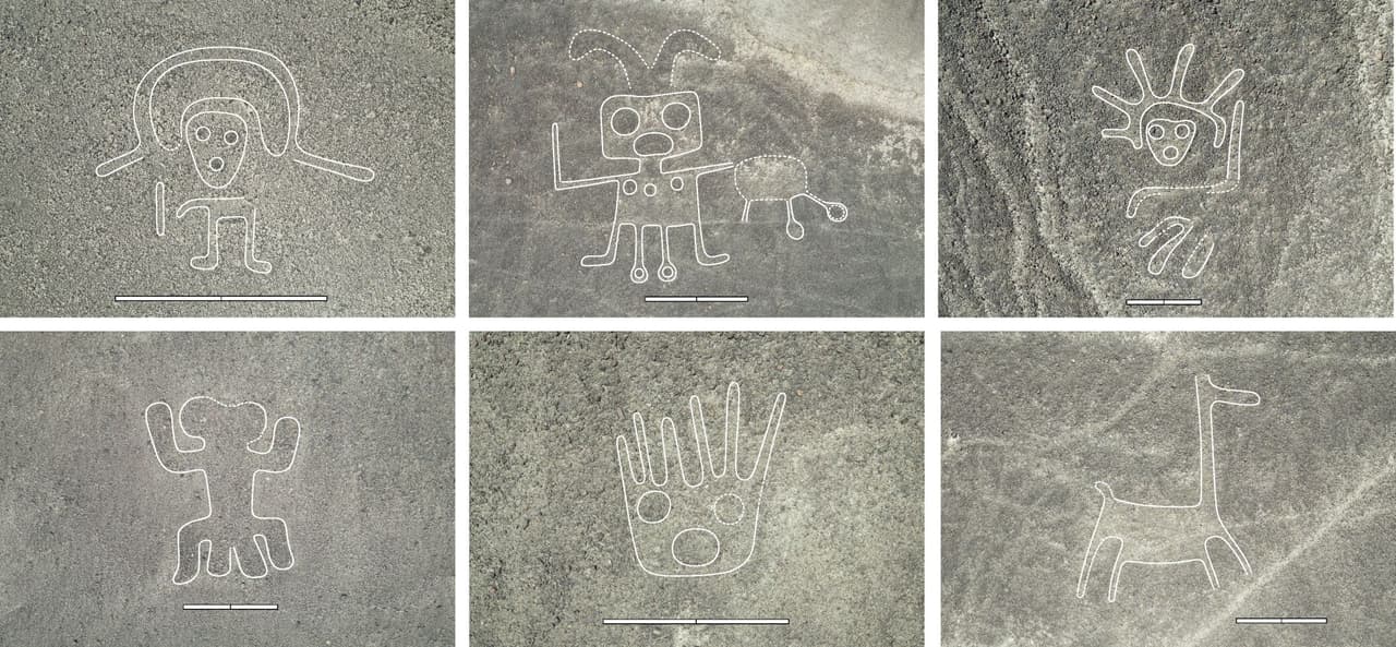 Algunos de los 303 nuevos geoglifos encontrados en el desierto de Nazca.