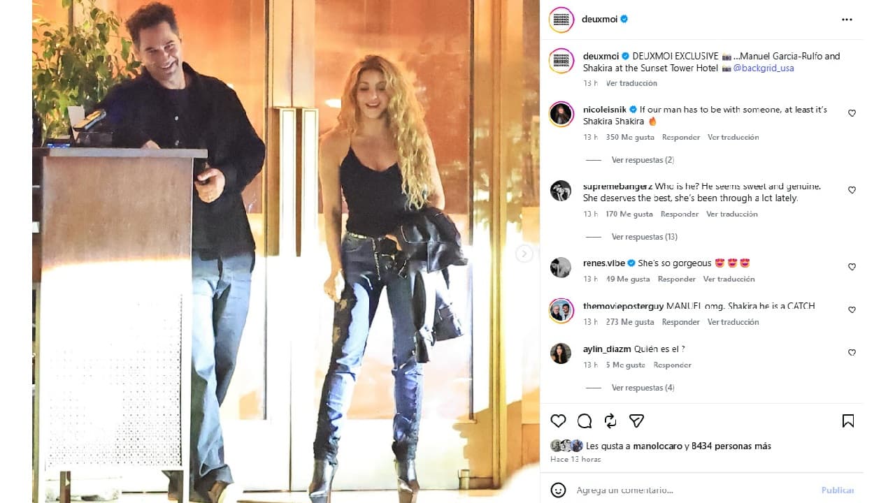 Shakira y Manuel García-Rulfo saliendo del Sunset Tower en Los Ángeles.