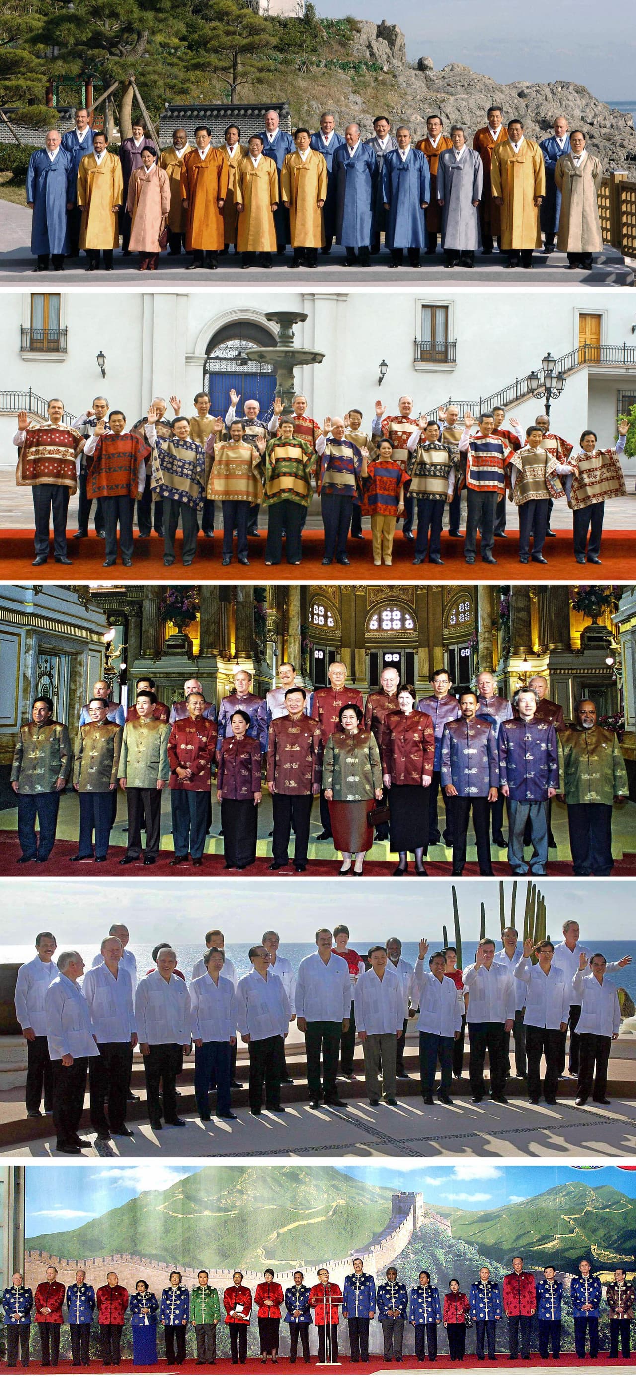 Combinación de cinco imágenes de APEC. De arriba a abajo:
<b>Corea del Sur en 2005; Santiago de Chile en 2004;</b>
<b>Tailandia en 2003;</b>
<b>México en 2002 y China en 2001.</b>