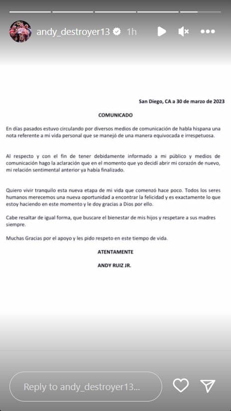 Comunicado de prensa de Andy Ruiz Jr. sobre la polémica de supuesta infidelidad con Mayeli Alonso.