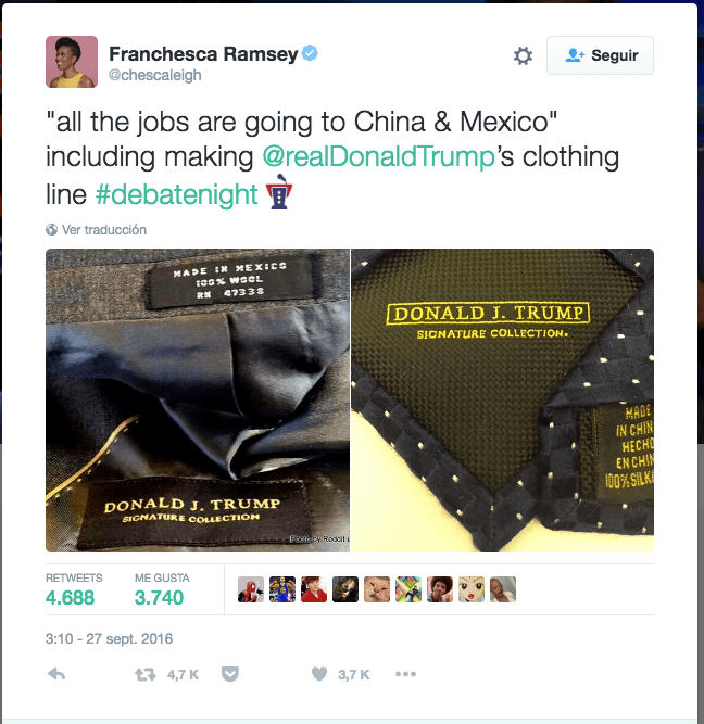 " 'Todos los trabajos se están yendo a China y México'. Incluyendo los que fabrican la línea de moda de Donald Trump".