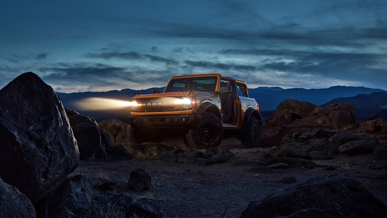 Pre-production 2021 two-door Bronco Black Diamond series in Cyber Orange Metallic Tri-Coat with Sasquatch™ off-road package.