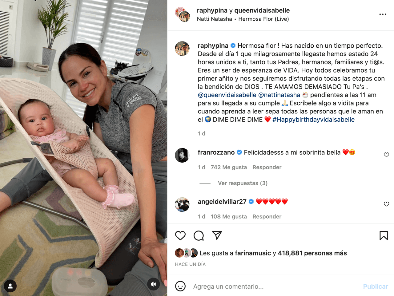 Tras su publicación, los seguidores de los artistas, halagaron con miles de comentarios a la niña por su cumpleaños.