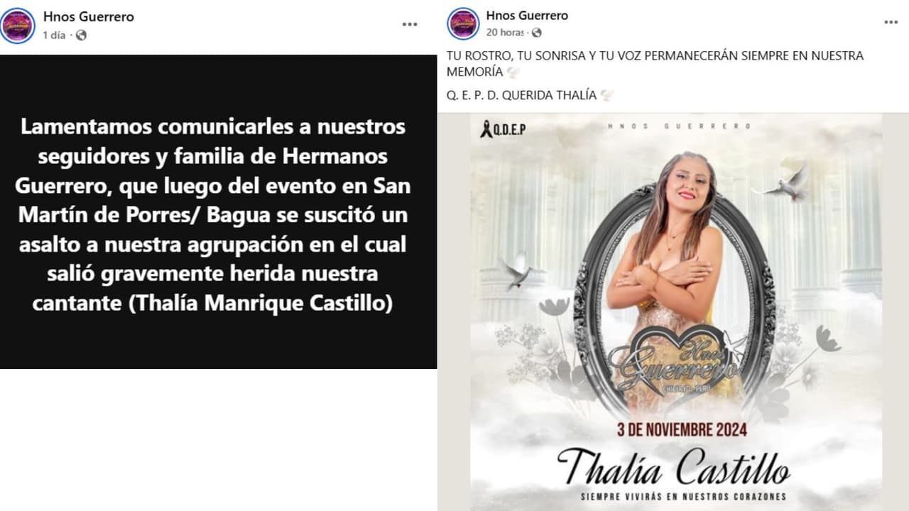 La agrupación 'Hermanos Guerrero' dio a conocer lo ocurrido a su integrante, Thalía Manrique Castillo.