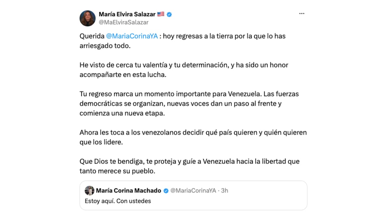 La congresista republicana de Florida María Elvira Salazar celebró el regreso de María Corina Machado a Venezuela y destacó que comienza una nueva etapa política en el país.