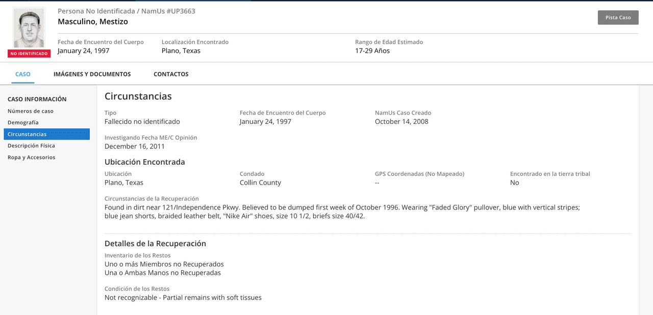Este es el reporte que la Policía de Plano tiene sobre Martín Treviño en NamUS en busca de que alguien lo pueda reclamar.