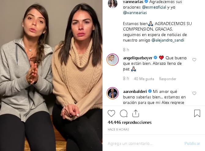 La noche del domingo, Arias
<b><a href="https://www.instagram.com/p/B5RsDpjlEcn/" target="_blank">publicó un video </a></b>en su cuenta de Instagram en la que junto con la actriz Esmeralda Ugalde (izquierda) dio cuenta de los hechos y dijeron tener la esperanza de que Sandí esté bien.