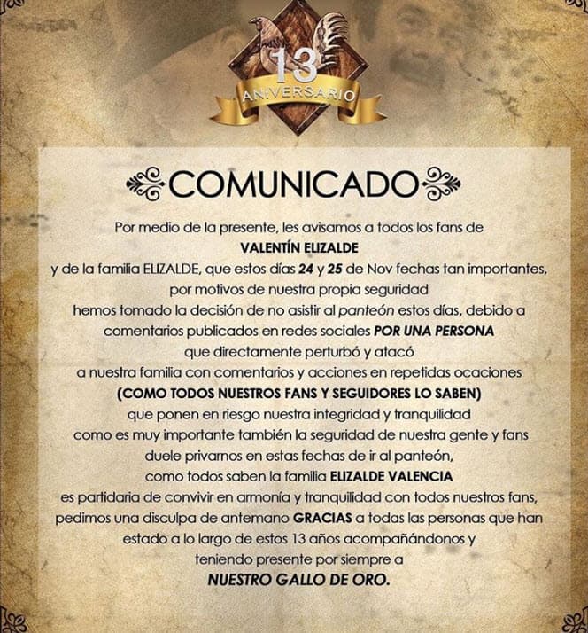 Francisco Elizalde, el hermano del fallecido cantante, envió un comunicado de la familia para anunciar que este año no asistirán al panteón.