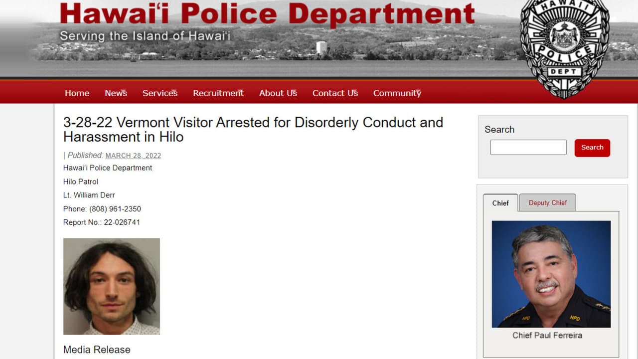 Comunicado oficial del Departamento de Policía de Hawái sobre el arresto del actor Ezra Miller.