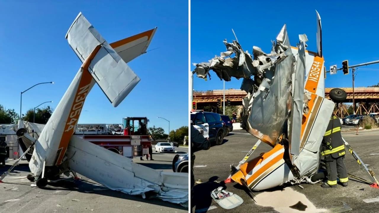 Un niño y dos adultos heridos: Lo que se sabe sobre la avioneta que se estrelló en medio de una calle concurrida de California
