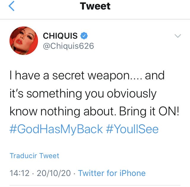 Pero no quedó ahí. Minutos más tarde advirtió: "
<b><a href="https://twitter.com/Chiquis626/status/1318631248407916545" target="_blank">Tengo un arma secreta</a></b>... y es algo de lo que obviamente no sabes nada. ¡Dale!".
<br>