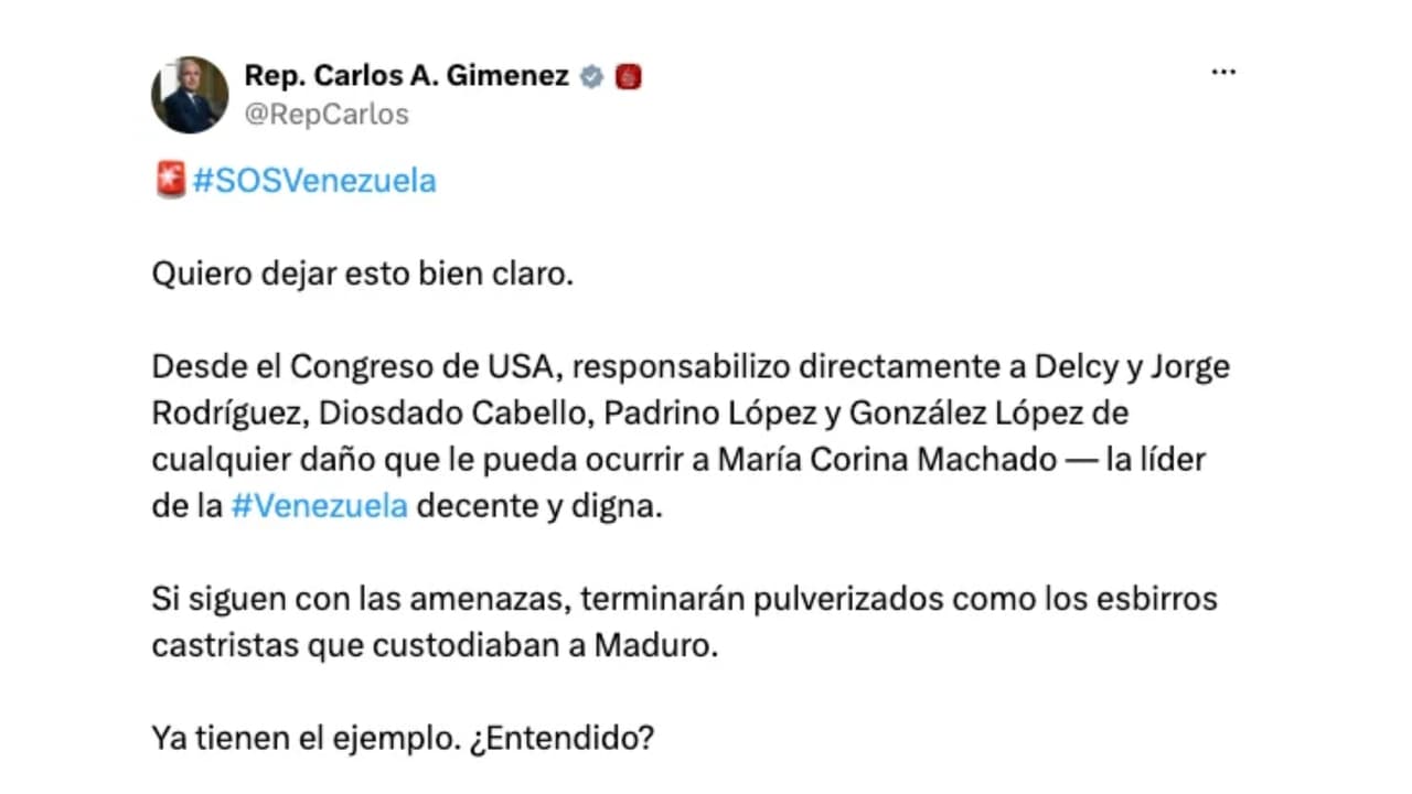El congresista republicano de Florida Carlos Giménez responsabilizó a cinco dirigentes del chavismo por cualquier daño que pudiera sufrir María Corina Machado tras su regreso a Venezuela.