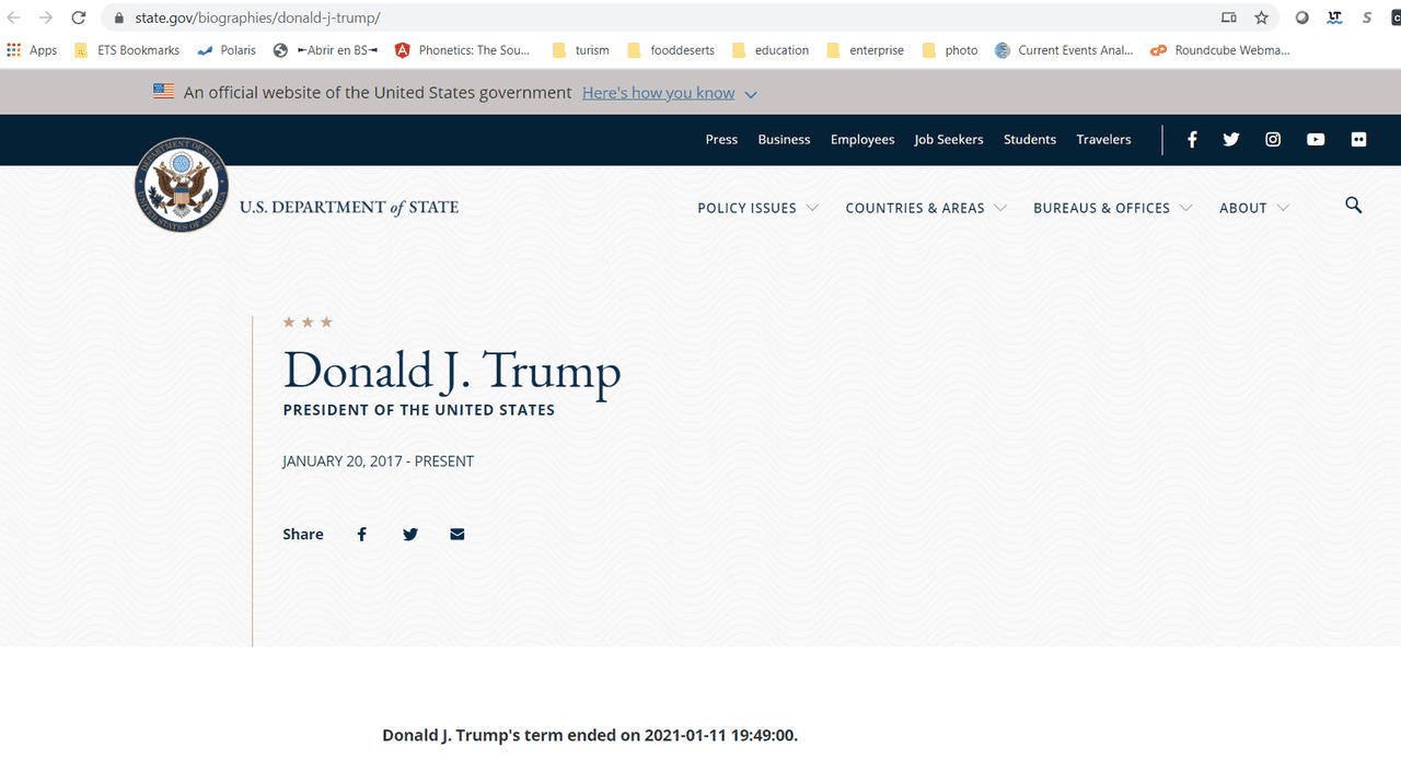 <brightspot-cms-external-content url="https://www.state.gov/biographies/donald-j-trump/">
Captura de la página www.state.gov/biographies/donald-j-trump/ correspondiente al sitio web del Departamento de Estado, captada la tarde del lunes 11 de enero del 2021.
</brightspot-cms-external-content>
