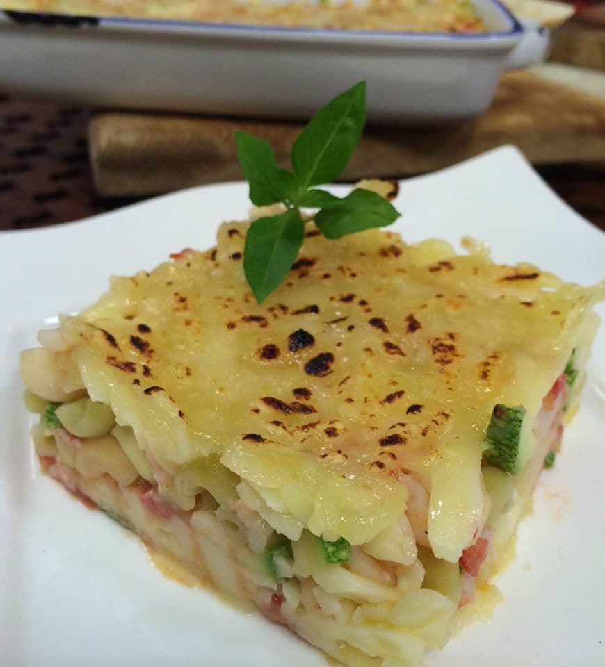 ¡Para chuparse los dedos! Pasta con camarónes al gratín.