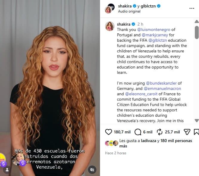 Shakira lanzó un mensaje para pedir apoyo que beneficiará a los niños de Venezuela.