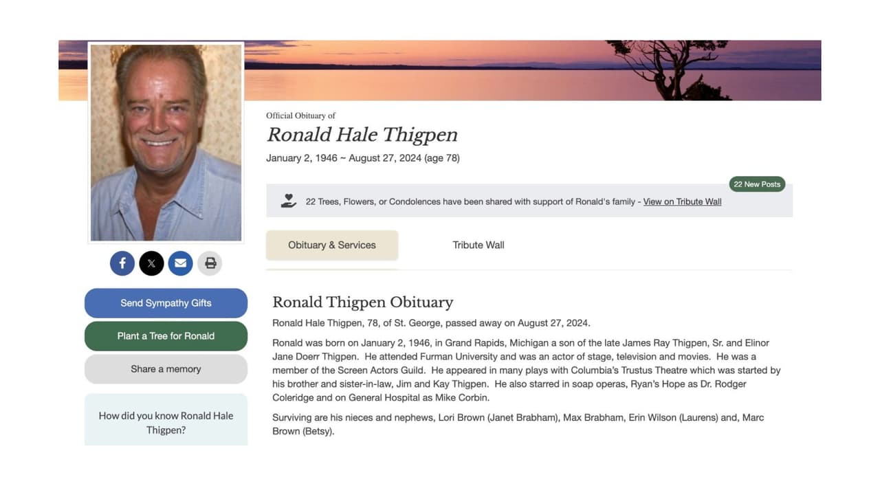 Así se informó sobre la muerte del actor Ron Hale.