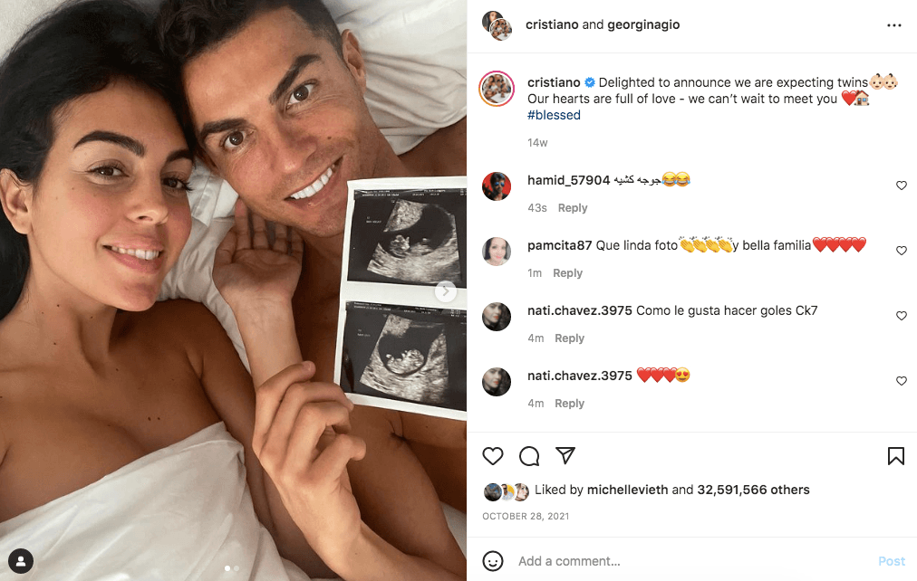 La pareja hizo un post conjunto de las fotos del ultrasonido de sus bebés, el cual provocó un frenesí que se tradujo en más de 32 millones 590 mil likes.