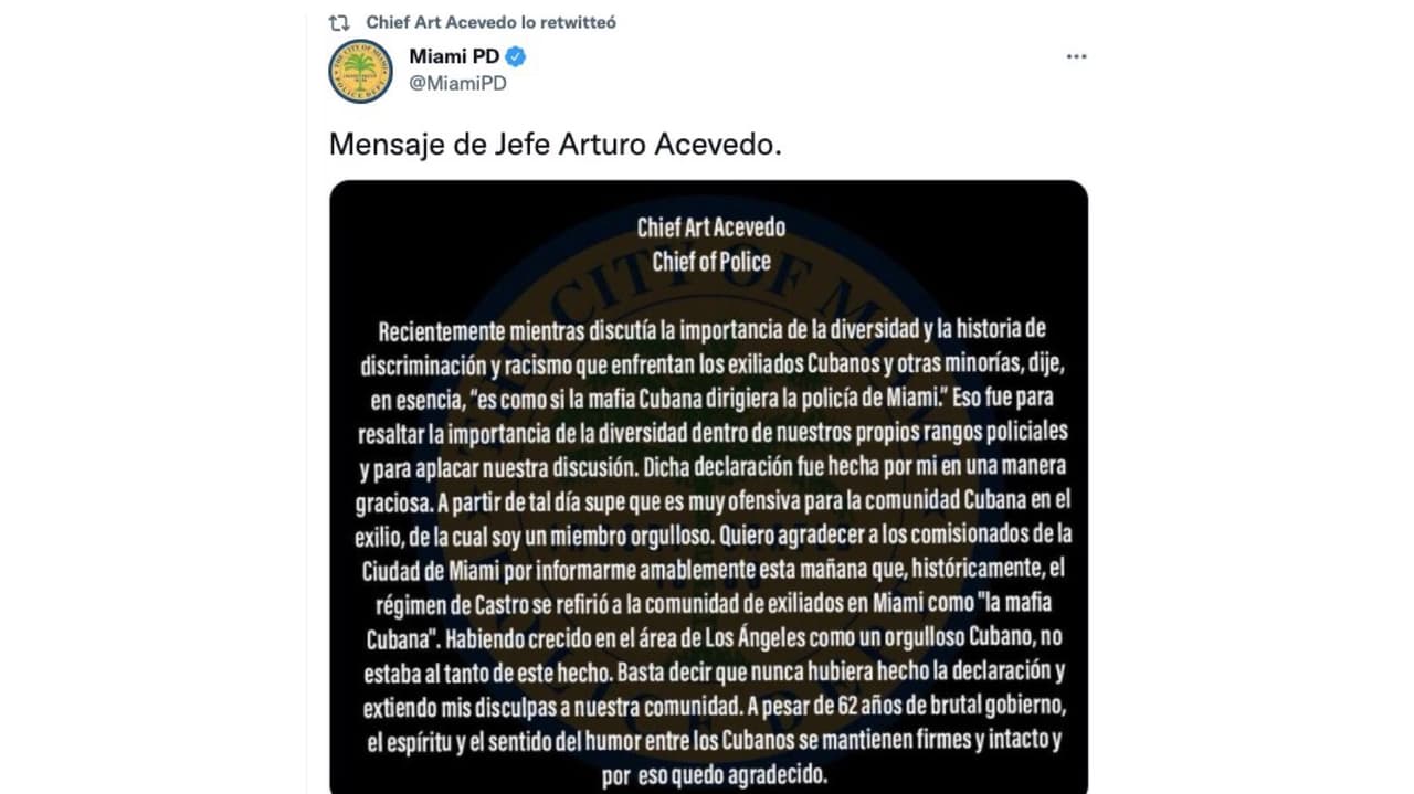A comienzo de septiembre, uso la misma expresión que el régimen castrista utiliza cuando se refiere a los miembros del exilio cubano, al decir que Miami
<a href="https://twitter.com/MiamiPD/status/1436026013864038400" target="_blank">“está dirigida por la mafia cubana, los cubanos están a cargo"</a>.
