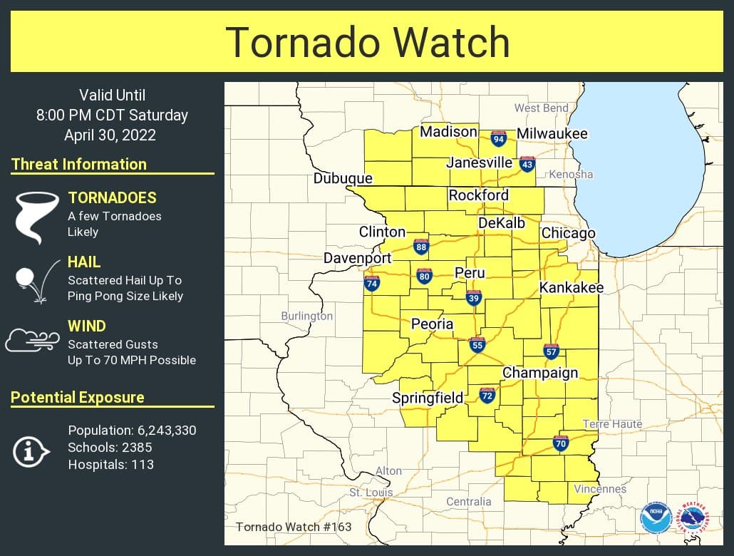 El Servicio Meteorológico emitió una vigilancia de tornado para partes de Illinois y Wisconsin.