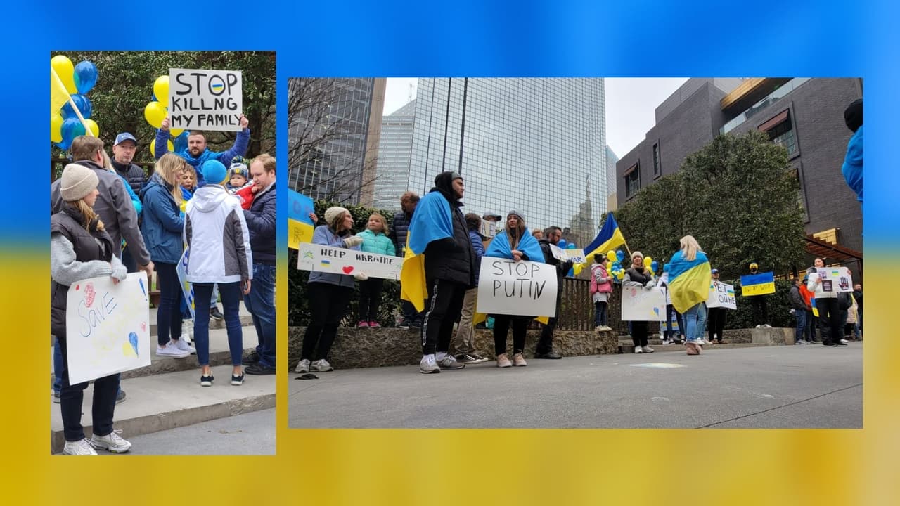 El viernes 25 de febrero, un grupo de persona se manifestó en el Centro de Dallas para apoyar a Ucrania. Pedían un alto al fuego por parte de las tropas de Vladimir Putin.
