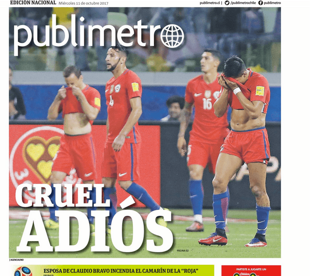 La circulación impresa de Publimetro en Chile muestra la triste imagen de los chilenos tras su eliminación en Brasil.