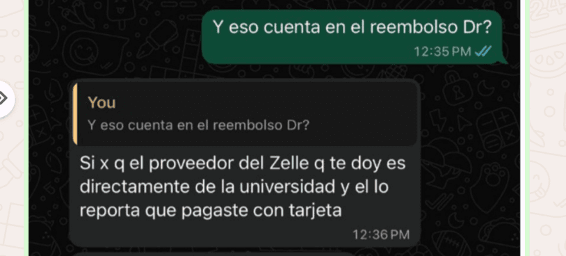Mensaje de Libreros a Lina Guerrero explicando un supuesto desembolso a través de la universidad.
