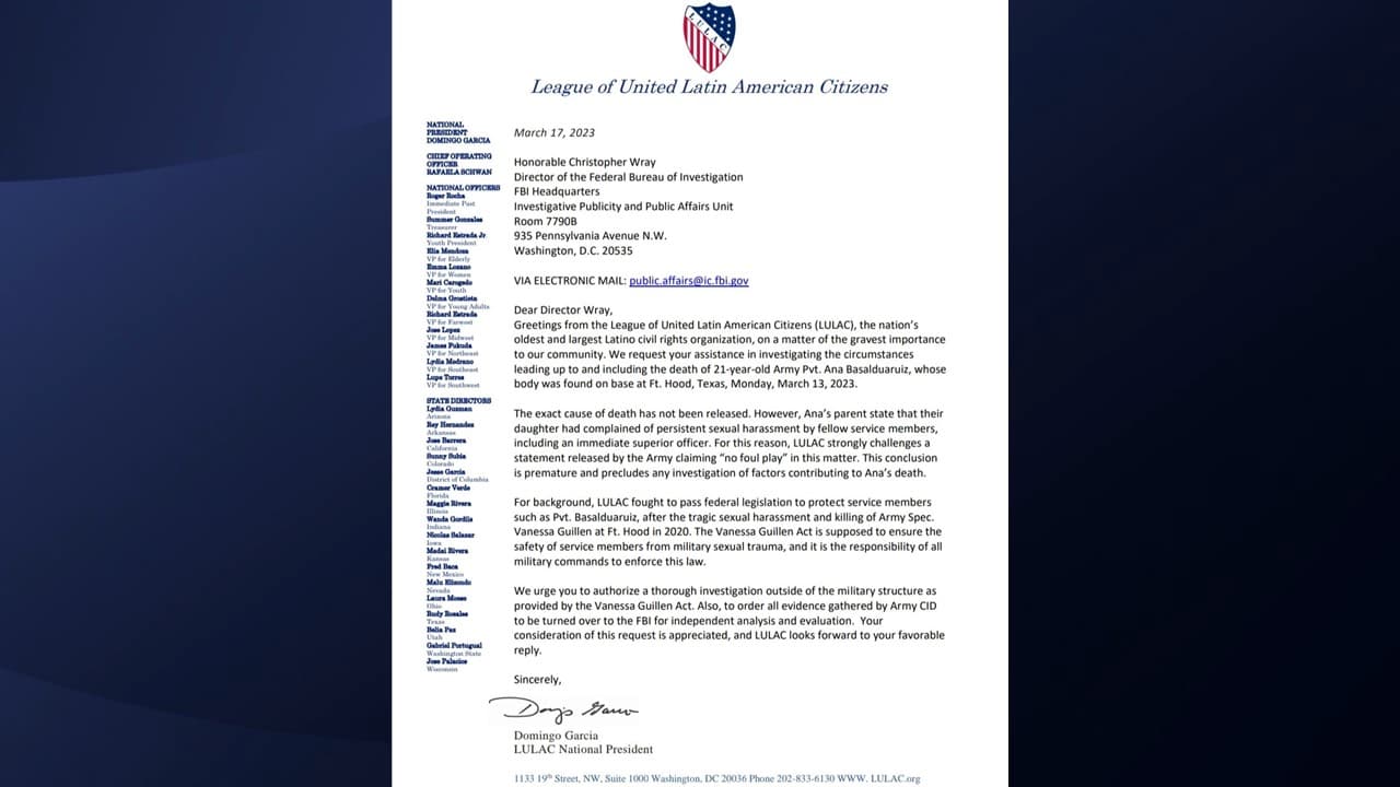 Carta de LULAC al FBI pidiéndoles que realicen una investigación externa sobre la muerte de Ana Basaldua.