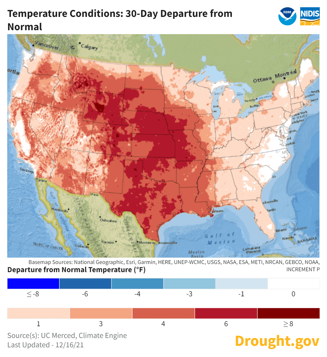 Calor sin precedentes en diciembre, con algunos lugares 40°F más calientes que la media. Calor extraordinario desde el Golfo de México hasta Canadá.