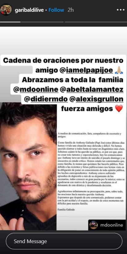 La cuenta oficial de la agrupación
<b>Garibaldi</b>, quien el pasado 7 de septiembre sufrió un duro golpe con el presunto suicidio de
<b>Xavier Ortiz</b>, uno de sus integrantes, mandó sus oraciones a la familia Galindo.
<br>