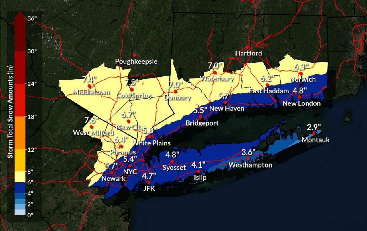 <h3 class="cms-H3-H3">2. ¿Cuánta nieve se espera en tu zona? </h3>
<br>
<br>Este mapa muestra
<b>los acumulados de nieve que se esperan para cada región desde la mañana de este domingo 19 de enero hasta el lunes 20 de enero a las 7:00 a.m. </b>
<br>
<br>-
<b>En el </b>valle inferior del Hudson, interior del noreste de Nueva Jersey y gran parte del interior del sur de Connecticut se esperan entre 5 y 8 pulgadas de nieve que resultarán en carreteras cubiertas de nieve y viajes peligrosos esta tarde hasta esta noche.
<br>
<br>-
<b>En la zona metropolitana de Nueva York, Long Island, sur de Westchester y costa de Connecticut </b>se esperan de 3 a 5 pulgadas de nieve. Los acumulados serán más altos hacia el metro de Nueva York y la costa de Connecticut, lo que resultará en viajes riesgosos y carreteras cubiertas de nieve hasta la noche de este 19 de enero.
<br>