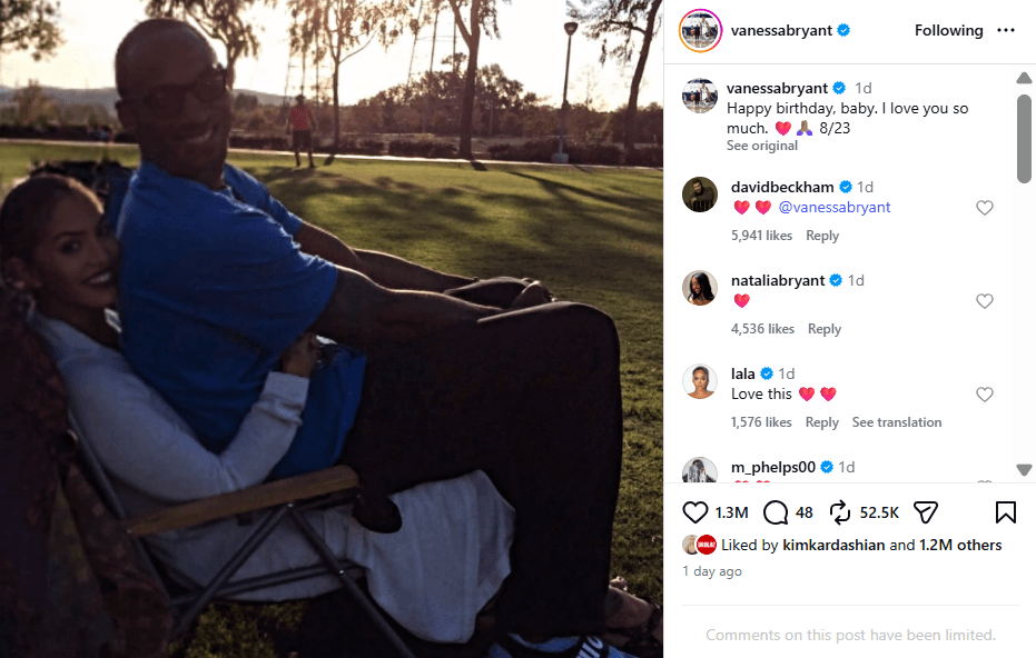 Vanessa Bryant dedica mensaje a Kobe en el que hubiera sido su cumpleaños.