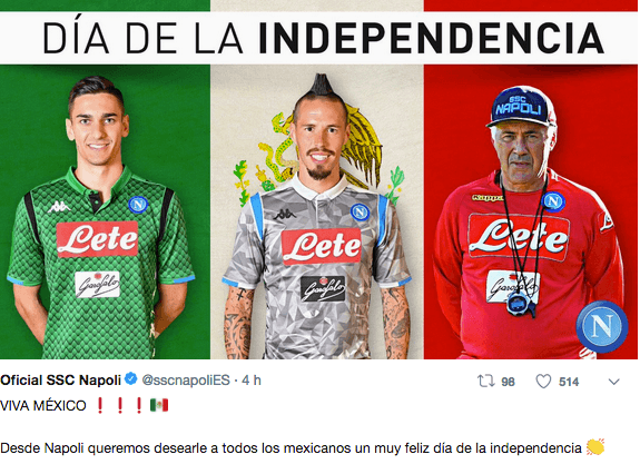 Napoli envió su felicitación al país desde su cuenta en Twitter.