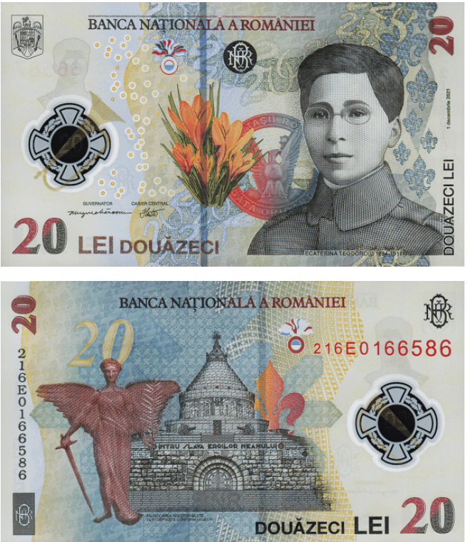 <h3 class="cms-H3-H3">19. Rumania (20 Lei)</h3>
<br>
<br>En el frente se puede apreciar un texto en rumano junto a la corneta y medalla de la Virtud Militar, además de una insignia del arma de infantería como dispositivo de registro, junto a flores de azafrán,
<b>el emblema de la Asociación Rumana de Scouts y Catherine Teodoroiu con uniforme. </b>
<br>
<br>En el reverso, con el verde oliva predominante, se puede ver la Victoria alada con espada, el Mausoleo de Mărăşeşti, la flor de lis, una insignia del arma de infantería.
<br>