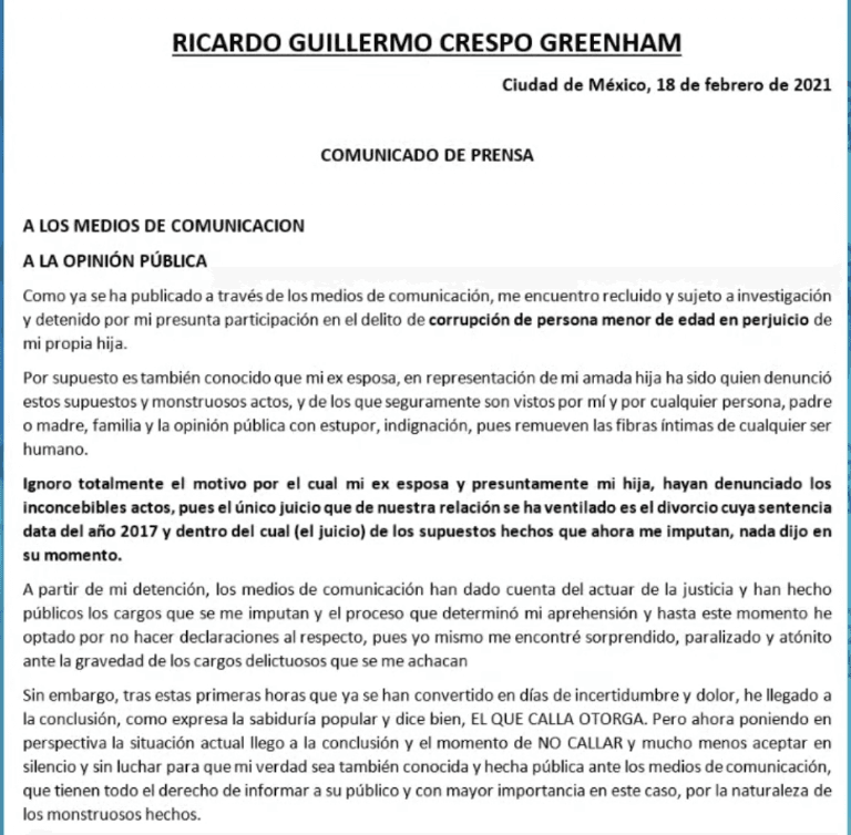 Crespo dijo desconocer el motivo por el cual su ex y presuntamente su hija "hayan denunciado los inconcebibles actos, pues el único juicio de nuestra relación que se ha ventilado es el divorcio cuya sentencia data del año 2017 y dentro del cual los supuestos hechos que ahora me imputan, nada dijo en su momento", señaló.
<br>