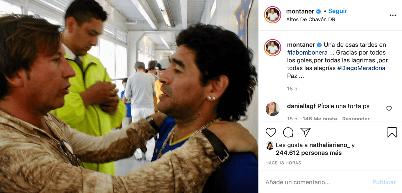 Ricardo Montaner publicó una foto con
<b>Maradona</b> y escribió: “Una de esas tardes en La Bombonera… Gracias por todos los goles, por todas las lágrimas, por todas las alegrías”.