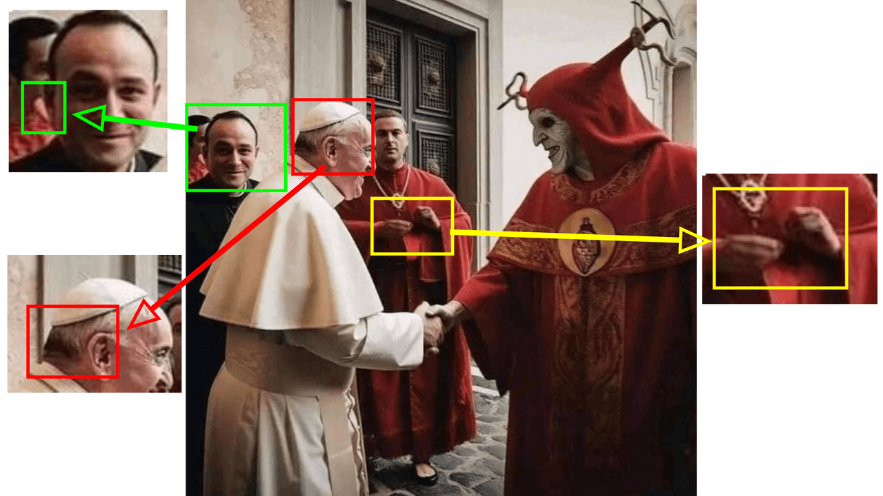 Imagen creada por IA del papa Francisco en la que podemos ver los fallos en las manos (recuadros amarillos), en los contornos (recuadros verdes) e incongruencias, como el error al generar el cabello del religioso, que es más canoso (recuadros rojos).