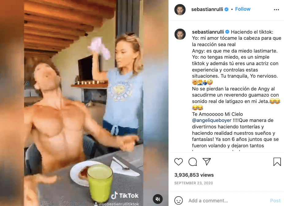 Para su aniversario en 2020,
<a href="https://www.univision.com/famosos/sebastian-rulli-muerte-agustina-posse">el actor</a> compartió un TikTok donde Angelique le pega con una toalla en la cara y contó la historia detrás de ese curioso momento.