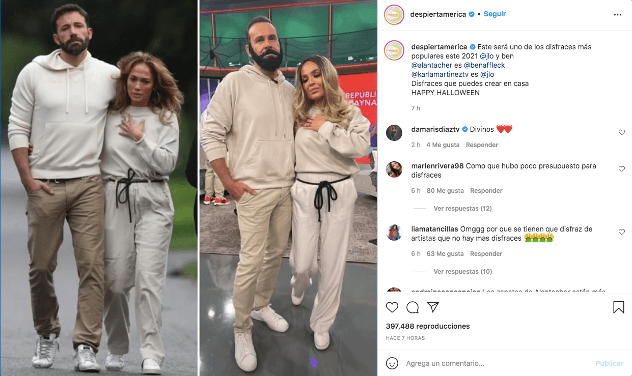 <b>Alan Tatcher y Karla Martínez</b>
<br>Otro memorable momento del 2021 fue
<a href="https://www.univision.com/famosos/jennifer-lopez-ben-affleck-venecia-alfombra-roja-fotos">el renacer del amor de Jennifer Lopez y Ben Affleck</a>. Esta pareja fue la inspiración para Alan Tatcher y Karla Martínez.