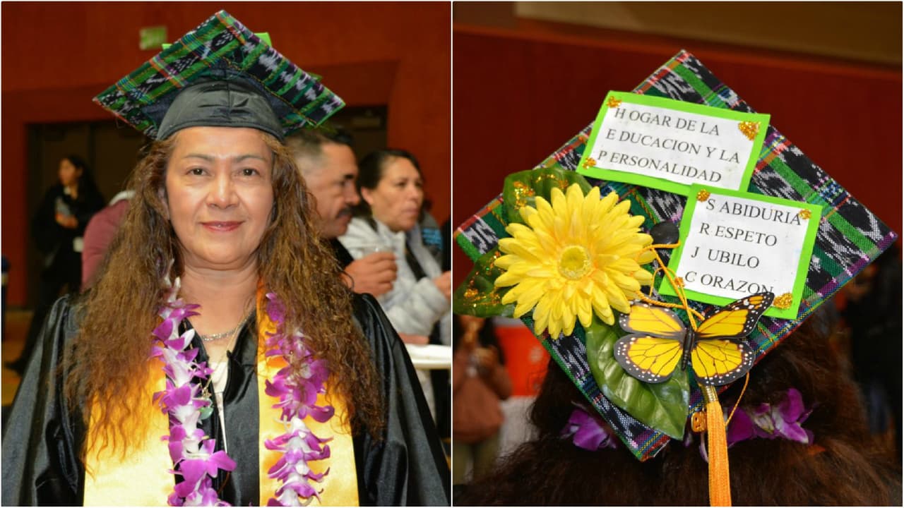 Irma Castañeda Serrato decidió usar las siglas del colegio comunitario y del programa del que se graduó para decorar su birrete.