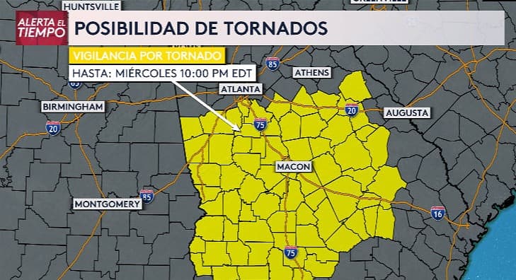 Emiten una vigilancia por tornados para 70 condados de Georgia
