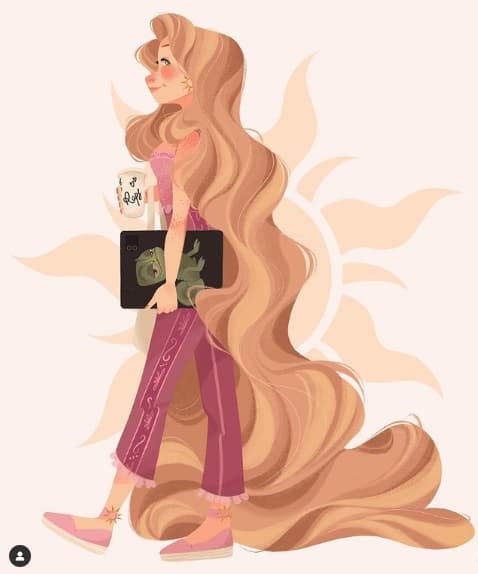 <b>Rapunzel</b> es la segunda princesa favorita de Liza, especialmente porque ambas comparten la pasión por el dibujo y la pintura. Por eso la ilustró con una tableta y un café en la mano, dos herramientas que son esenciales en su trabajo. Krendel no olvida a los acompañantes de estos personajes, ¿ya encontraste a Pascal aquí?