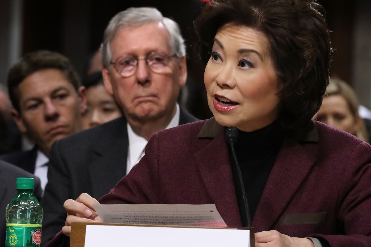 La secretaria de Transporte, Elaine Chao, en su audiencia de confirmación en el Congreso acompañada de
<b>Mitch McConnell, su esposo y el líder de la mayoría republicana del Senado.</b>